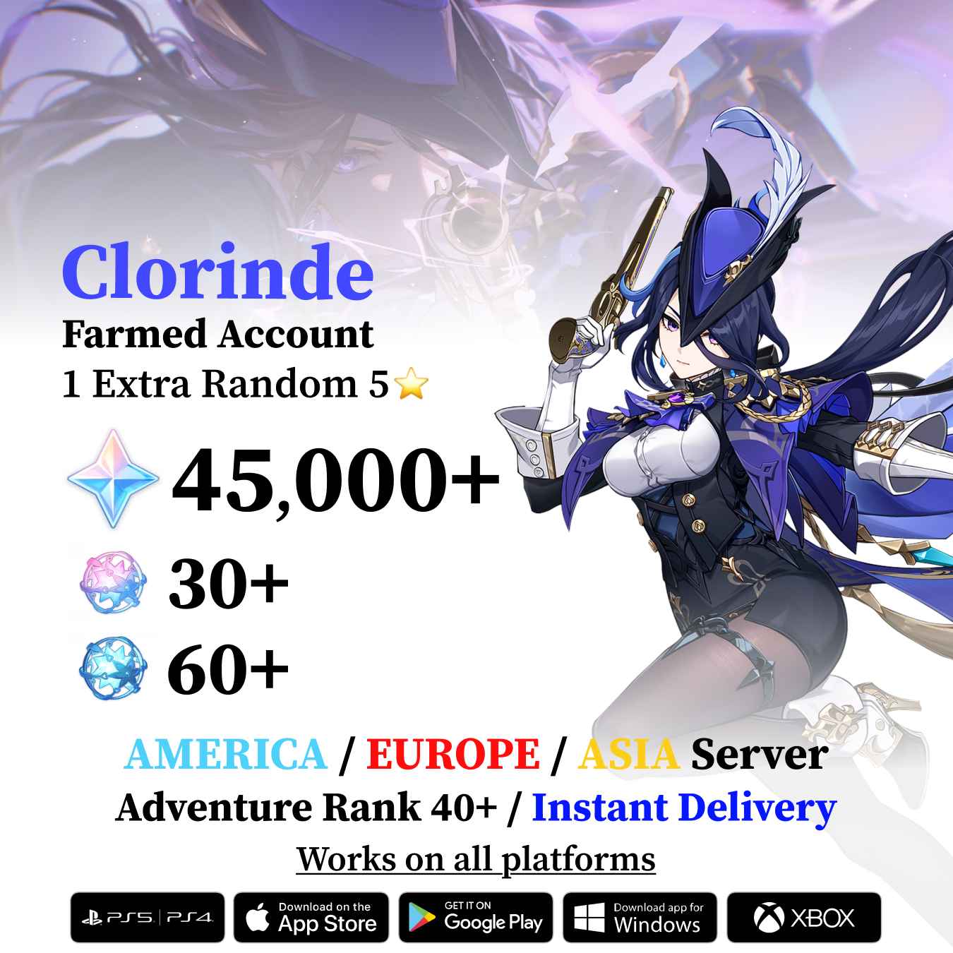 Clorinde Reroll Account with 30.000 Primogems