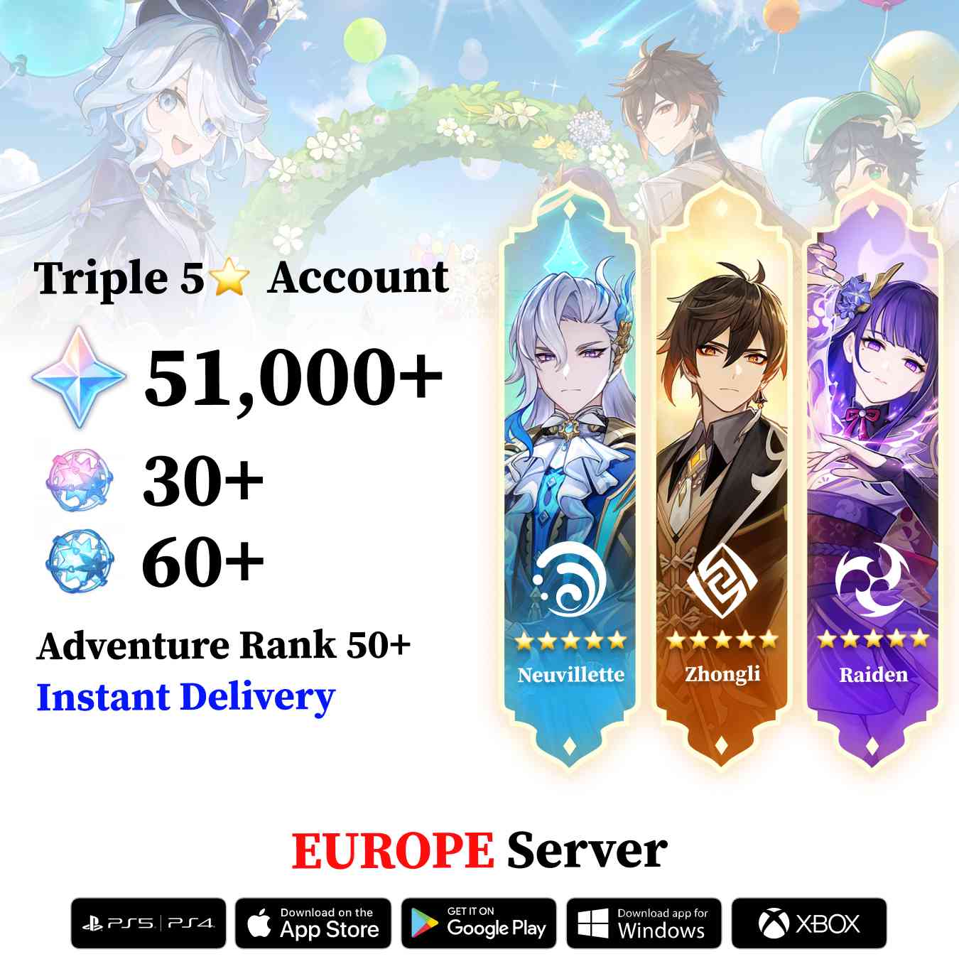 Triple 5 Star with 50.000 Primogems - Genshin Reroll Account [Europe]