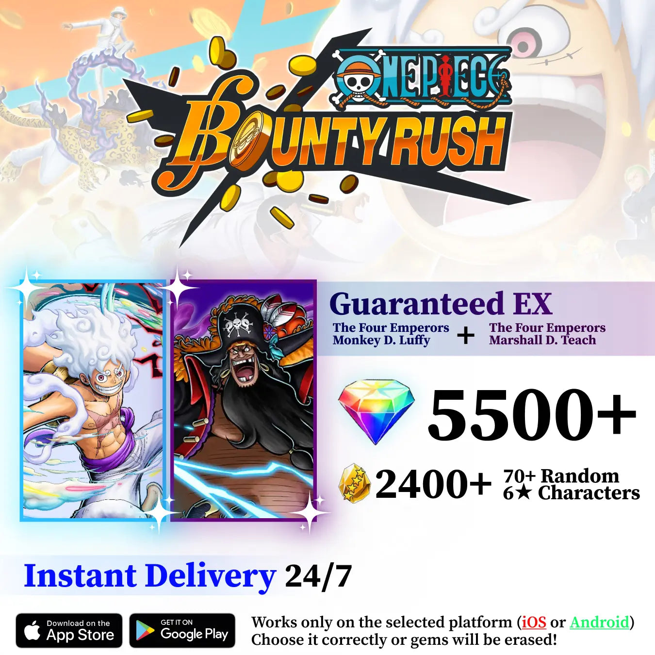 The Four Emperors Luffy with The Four Emperors Marshall D. Teach OPBR Starter Reroll Account [GLOBAL]