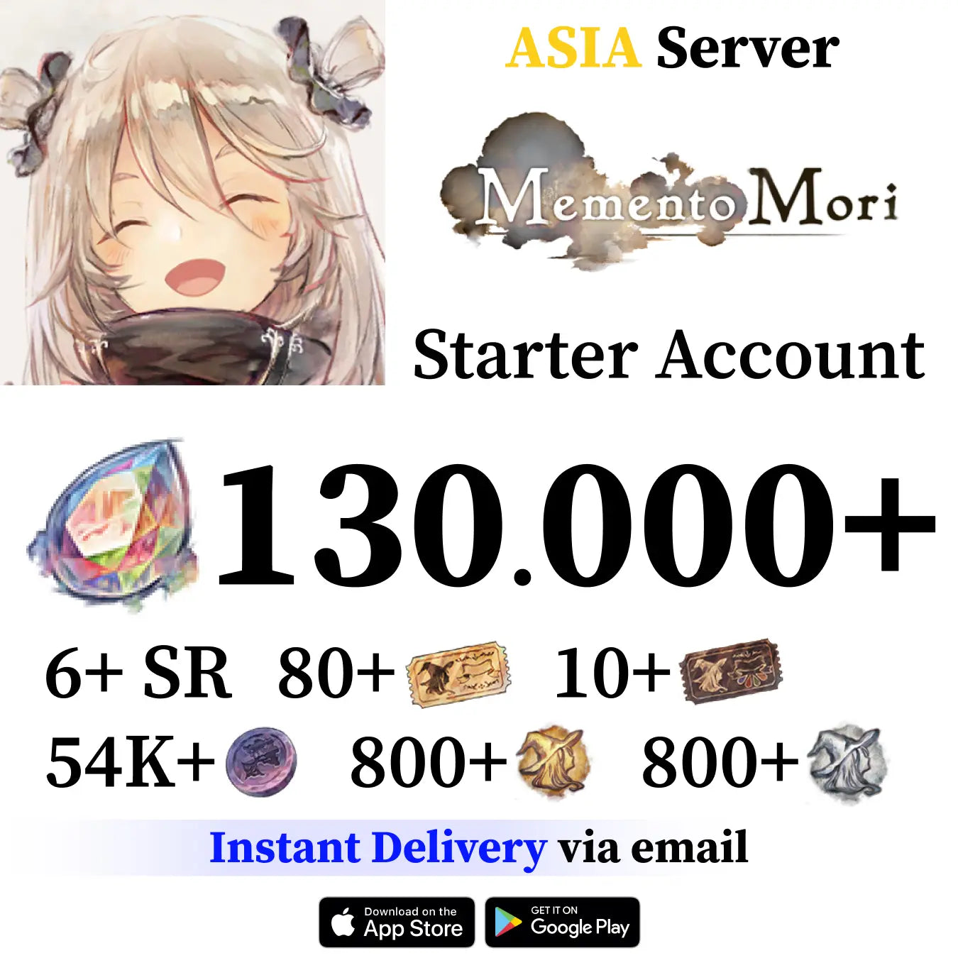 Memento Mori Reroll Account with 130.000+ Gems [Asia]